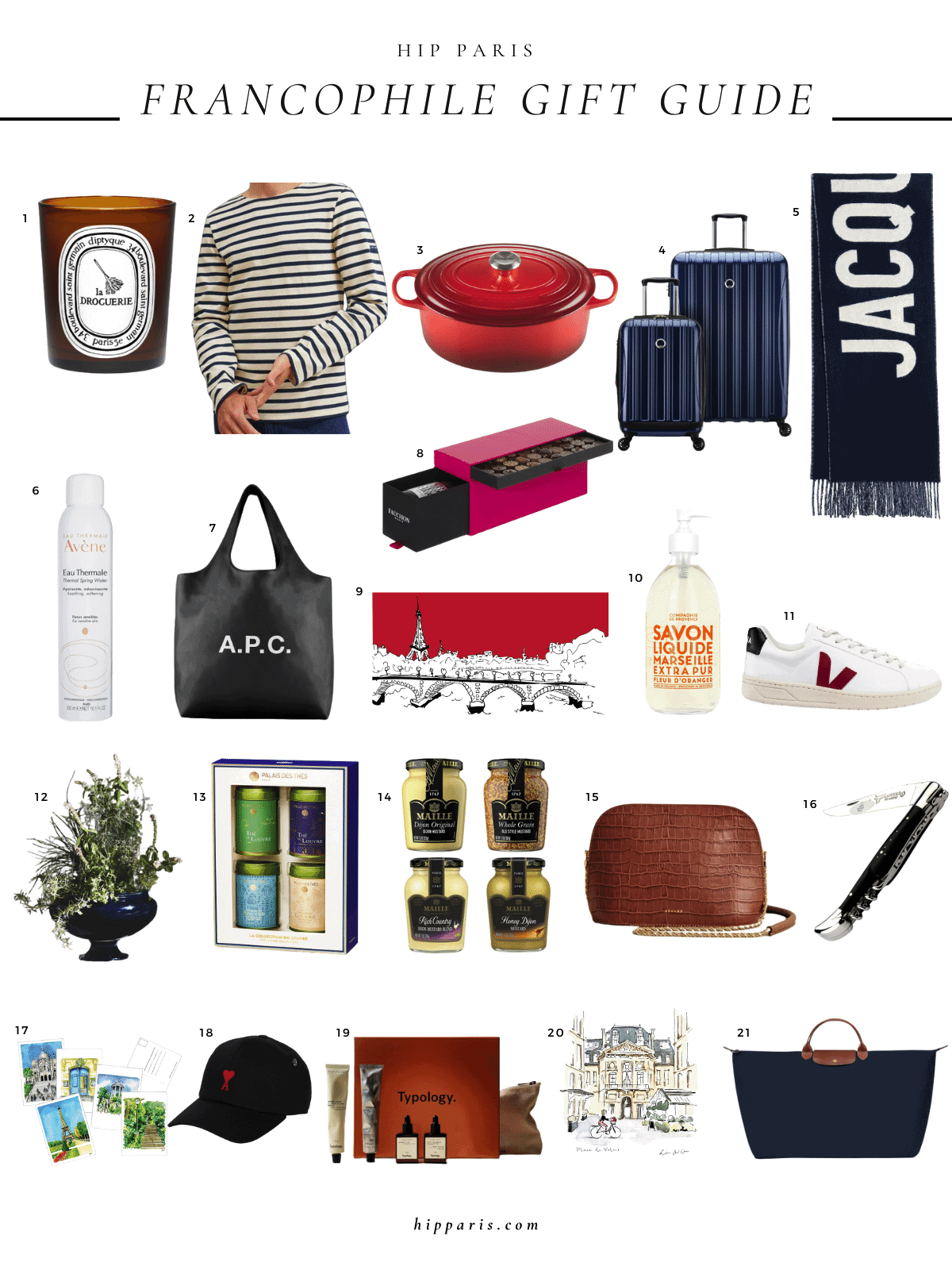 A collage of french inspired gender neutral gifts recommended by HIP Paris.