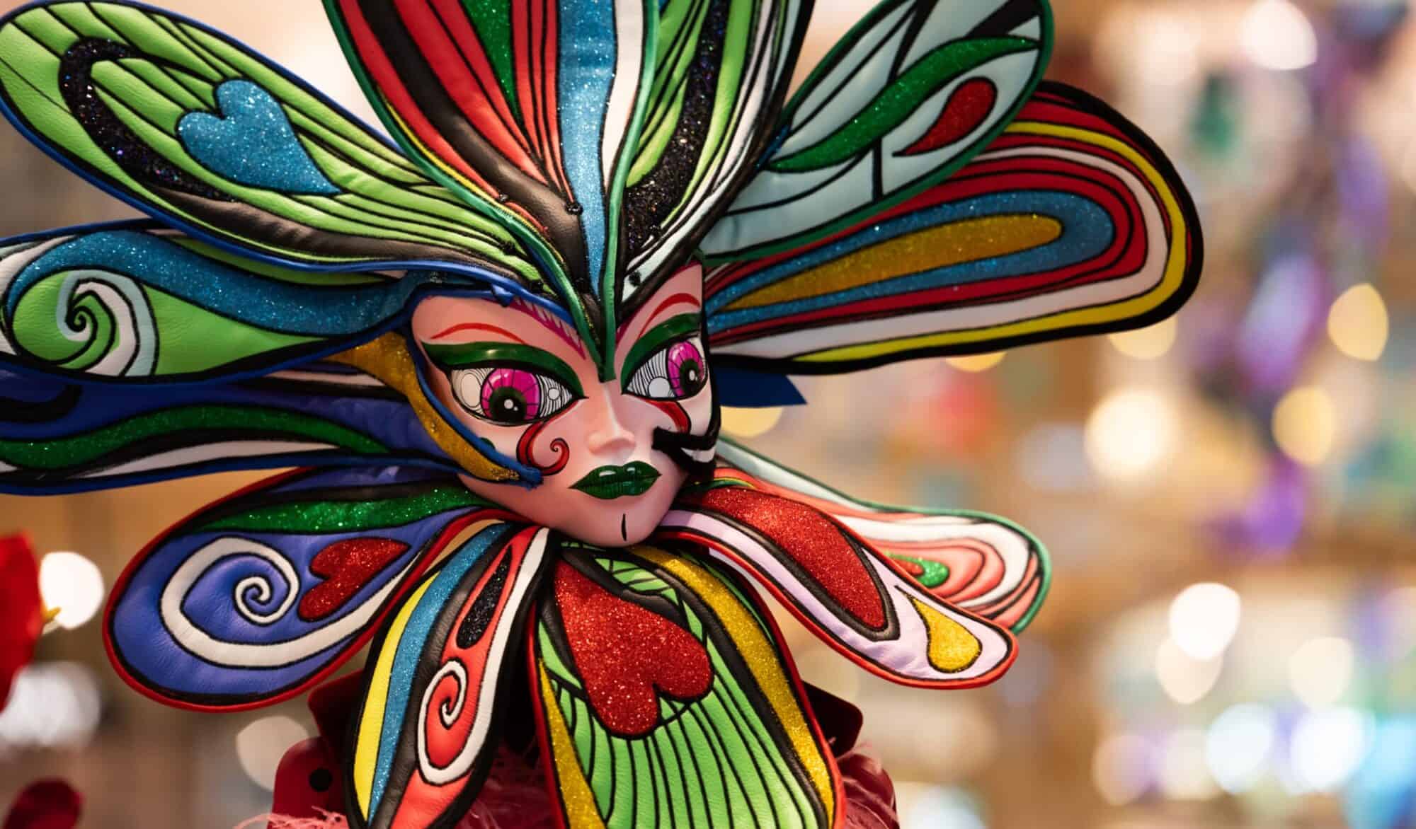 One of the ornaments - a colorful mask remincent of comic opera, from Galeries Lafayettes Christmas Display.