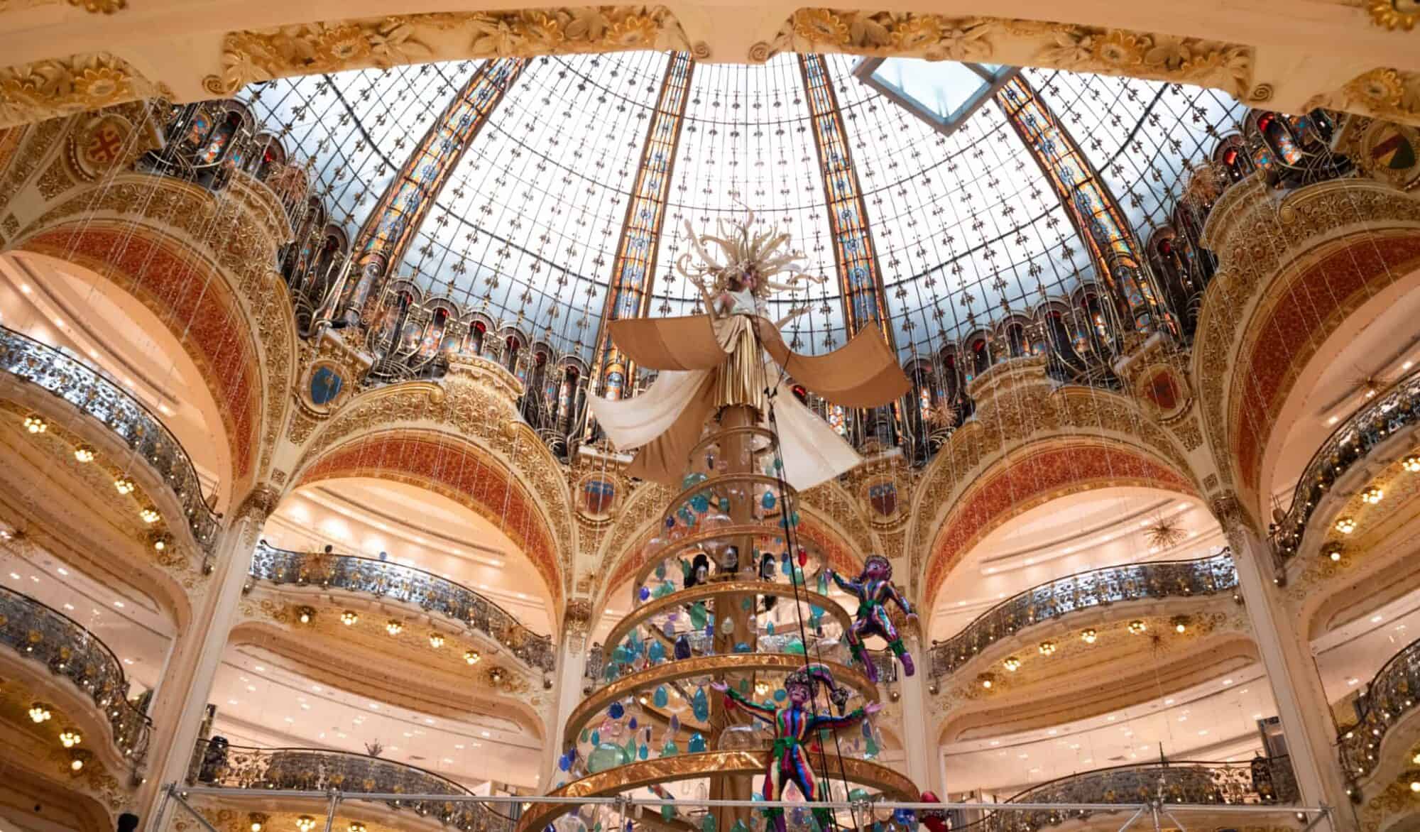 The installation of Galerie Lafayette's Christmas Tree in progress.