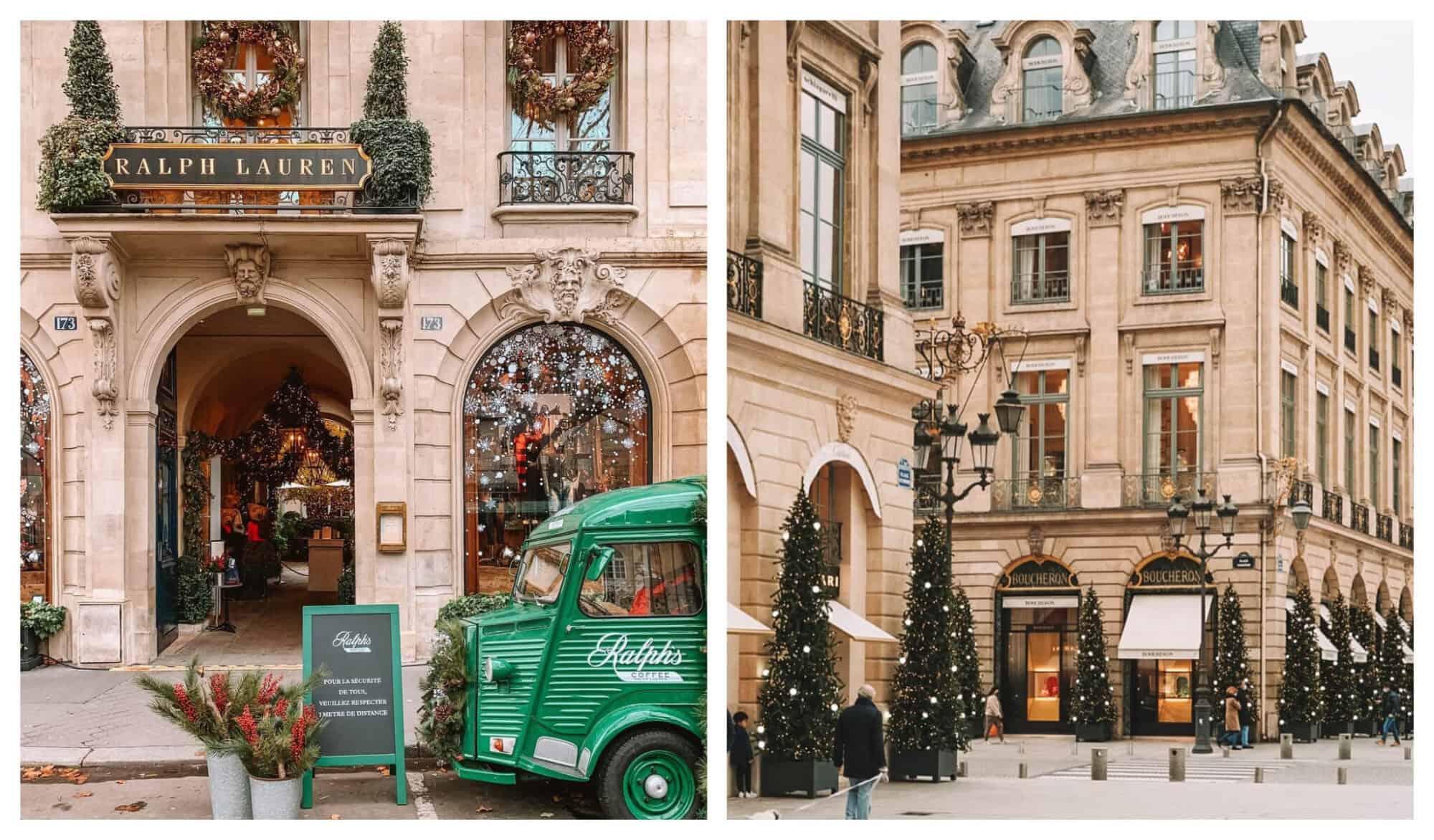 Left: Outside Ralph's Cafe with Christmas decorations and a green coffee truck; Right: Place Vendome Paris in full Christmas decorations.