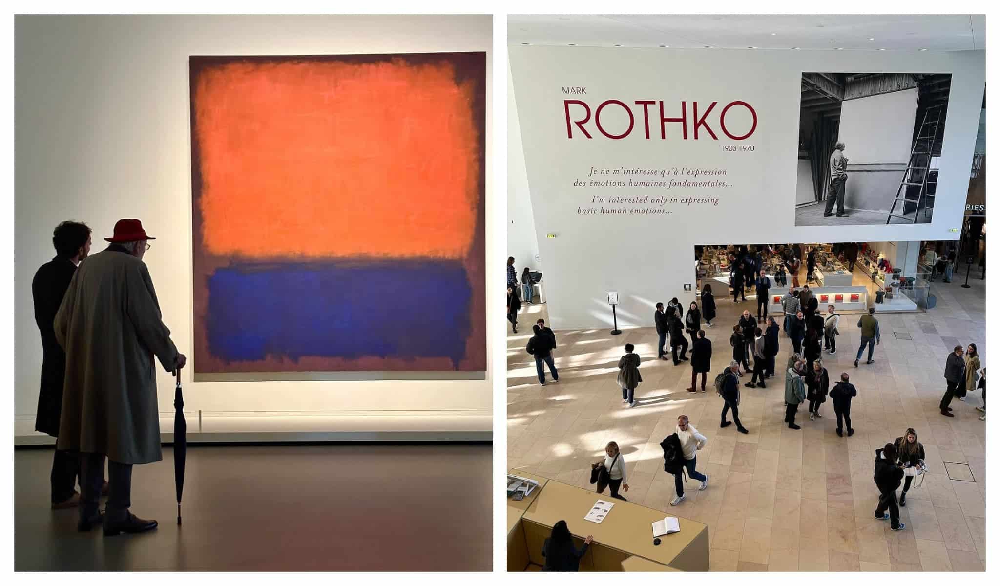 Mark Rothko exhibit in Foundation Louis Vuitton, left: a paiting by mark rothko admired by two men. Right: the hall of Foundation Louis Vuitton with a poster of Mart Rothko exhibit and a lot of museum visitors