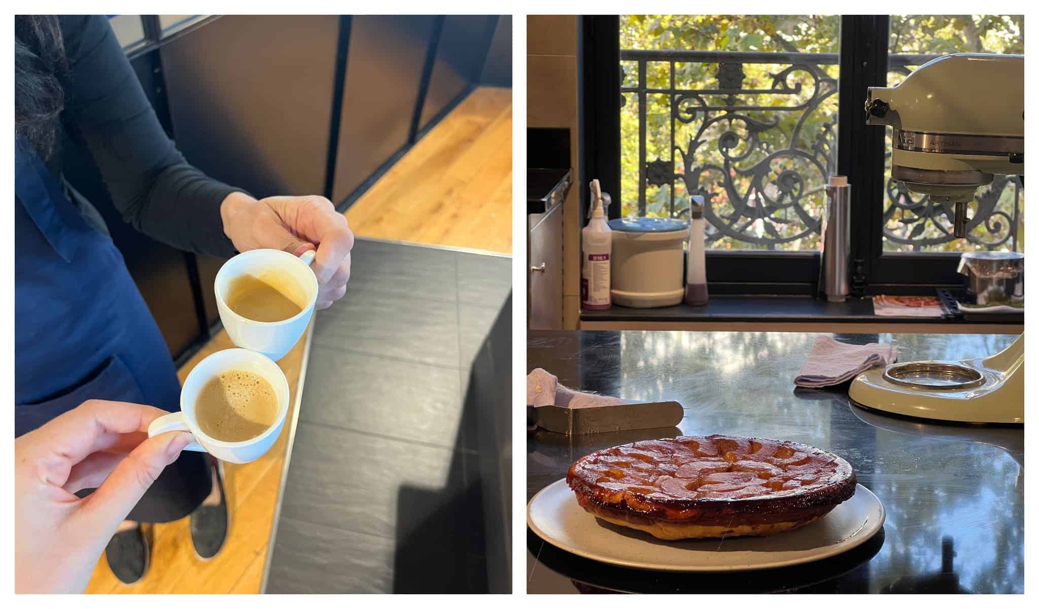 Left: Two espressos held by participants of tarte tatin cooking class/ Right: Freshly baked large tarte tatin on display during cooking class.