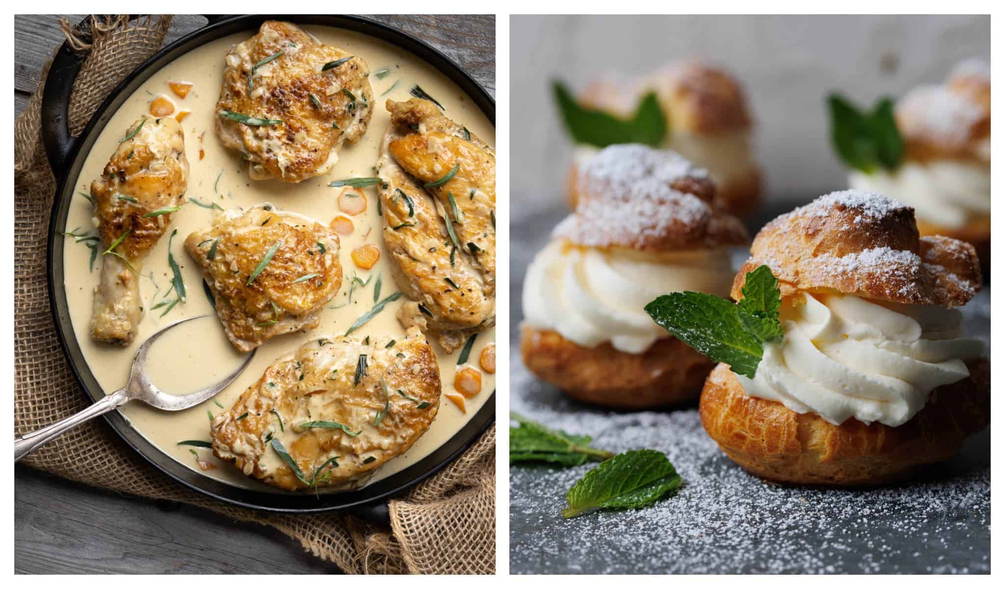 left: Creamy chicken in a cast iron skillet; right: choux pastry filled with crème chantilly, garnished with mint