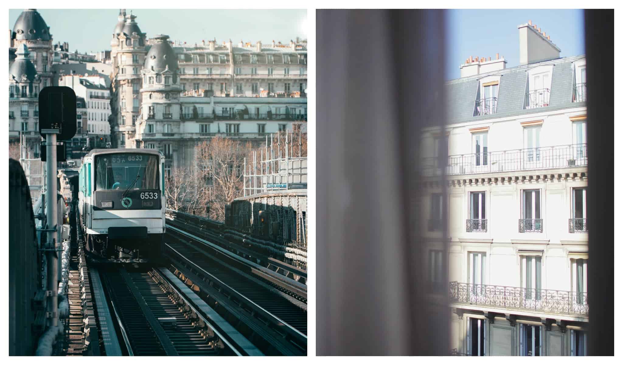 Left: Paris metro approaching the station with the Parisian cityline the background. Right: A window in Paris with a view of a building in Paris