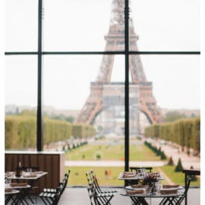 Paris cafe view with a background of the Eiffel Tower
