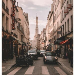Paris streets with a view of the Eiffel tower in the distance