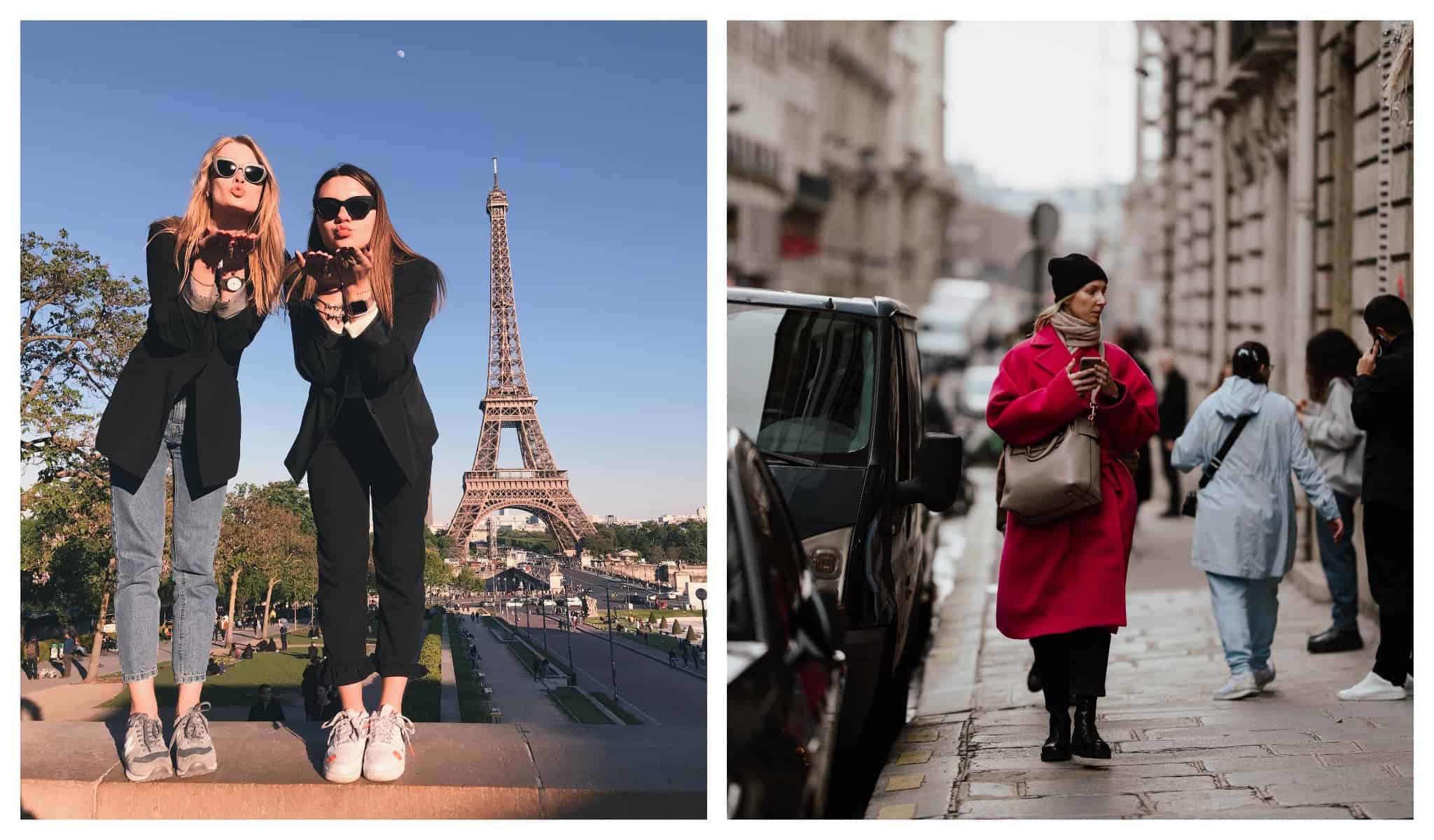 Left: two girls sending flying kisses at the camera with the Eiffel Tower in Paris in the background, Right: a woman in a pink coat walking in the streets of Paris in January
