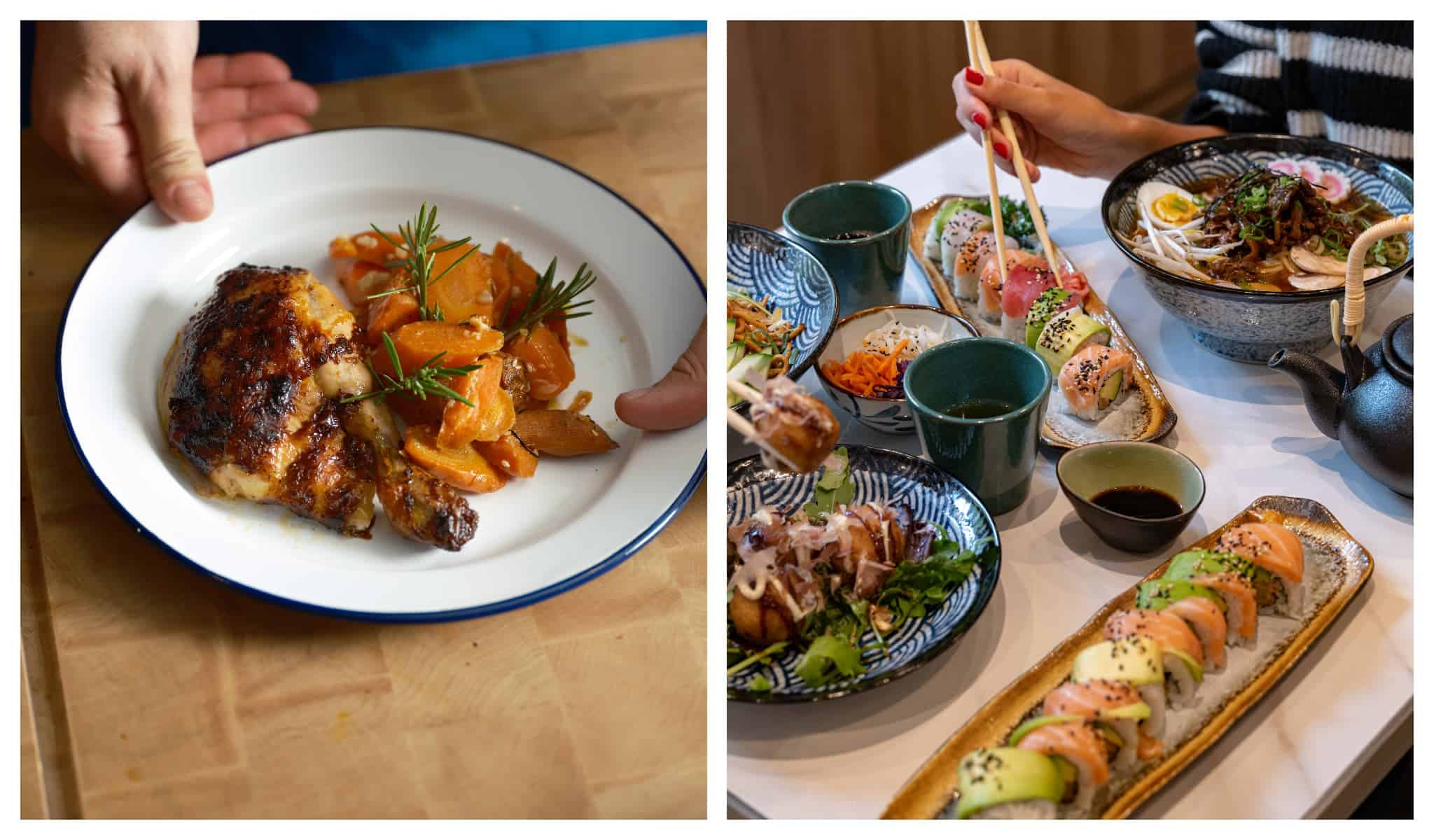 Left: food displayed at Label Broche; Right: plates of food at Rice Street 