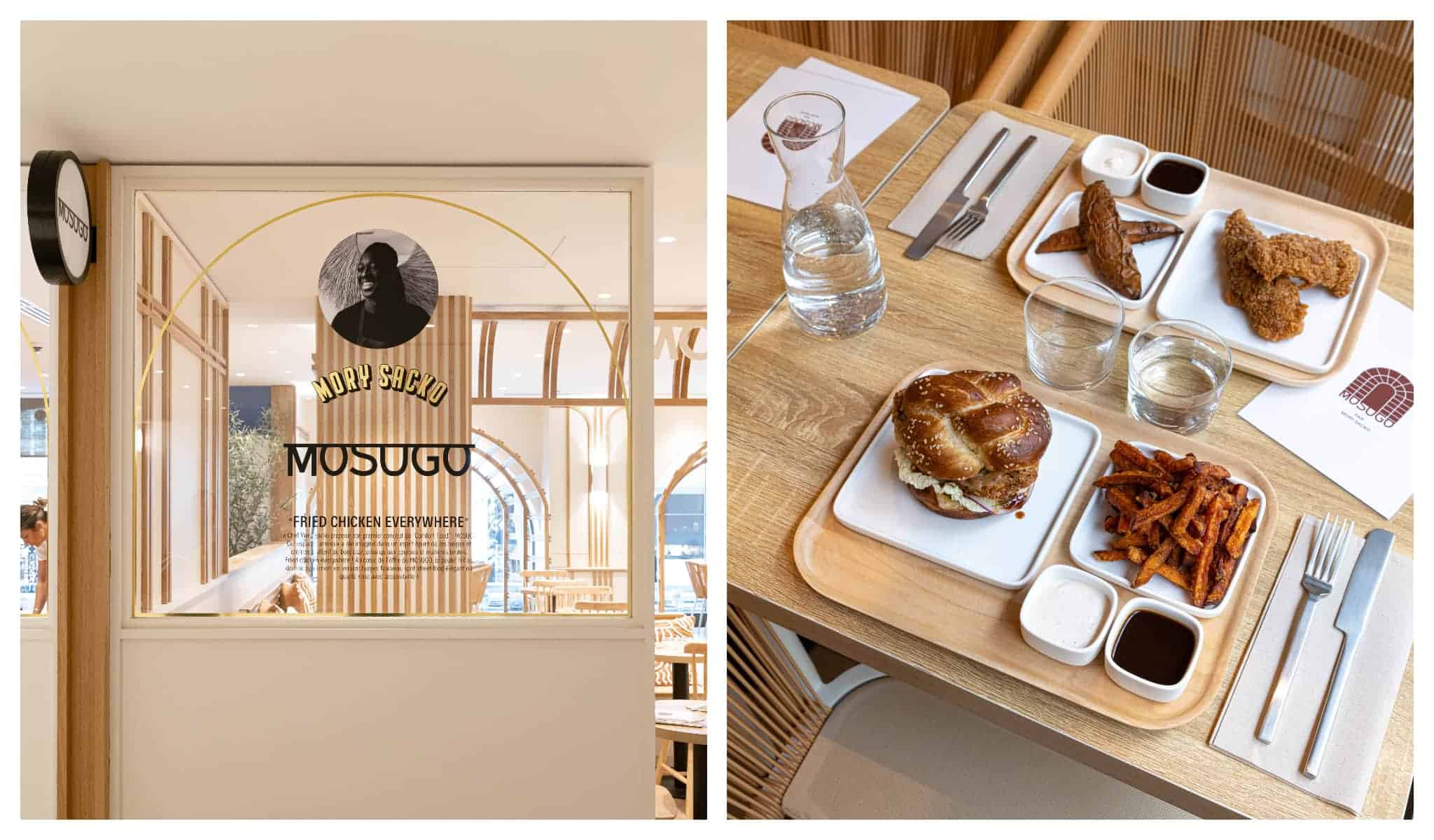 Left: the exteriors of restaurant Mosugo by Mory Sacko. Right: fried chicken and other foods on display at Mosugo restaurant by Mory Sacko