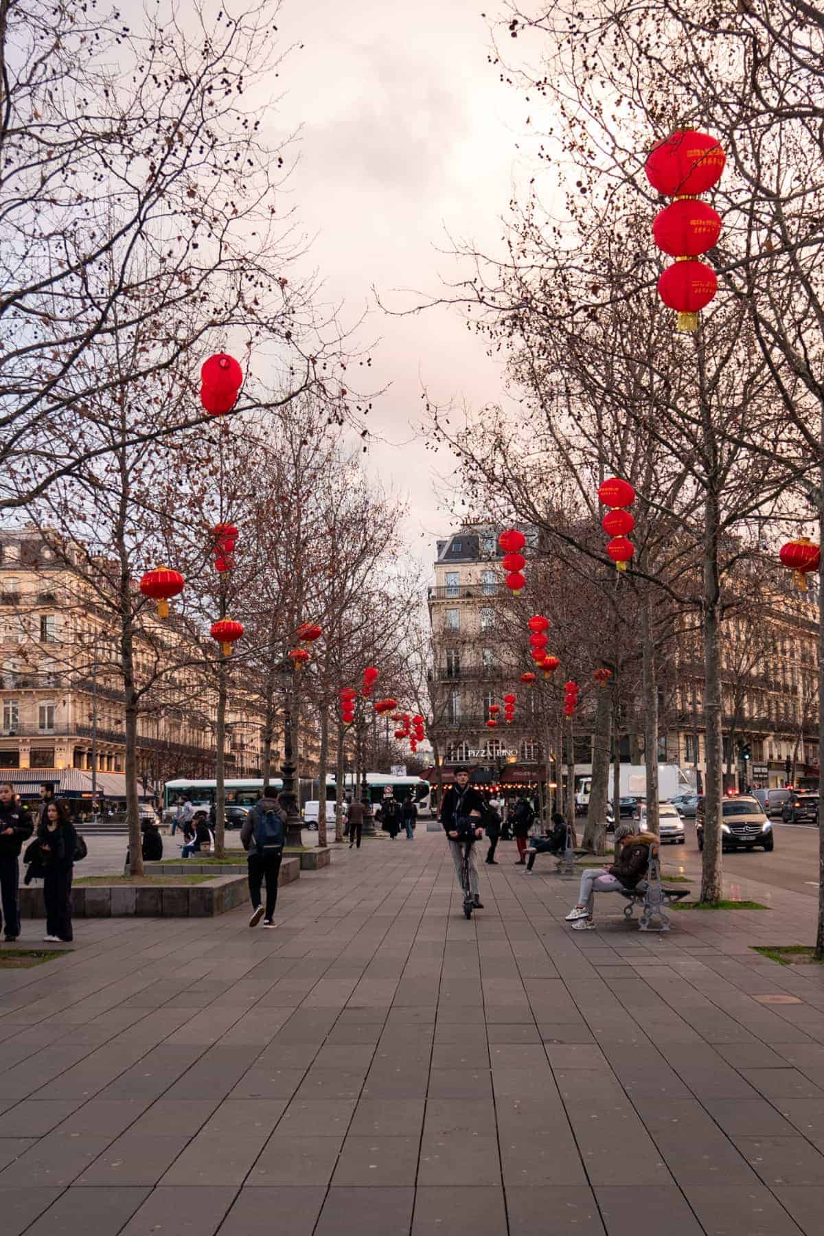 Place de la République in Paris decorated with red lanterns for Chinese New Year