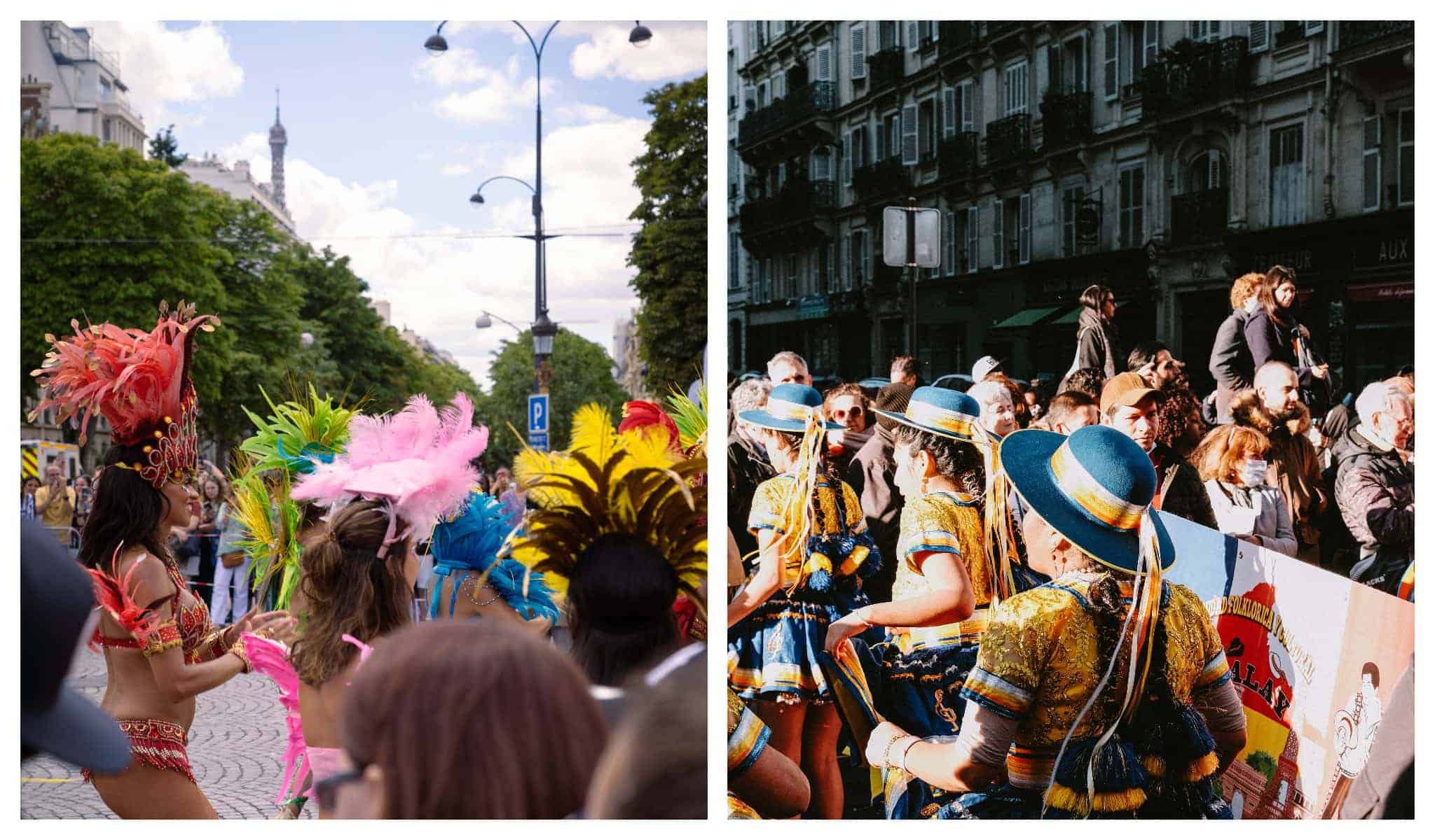 Left and Right: Paris city Carnival with people dressed up in colourful attire and enjoying themselves on the streets of Paris