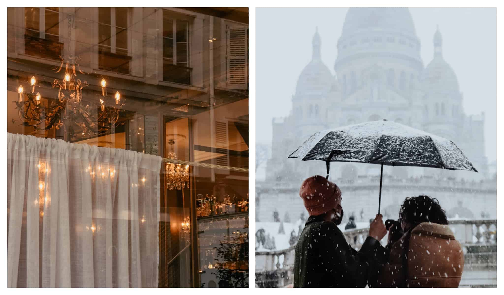 Left: a cafe exterior in Paris with a reflection of Haussmanian building, Right: snowfall in Montmartre with the Sacre Coeur Paris in the background covered with snow