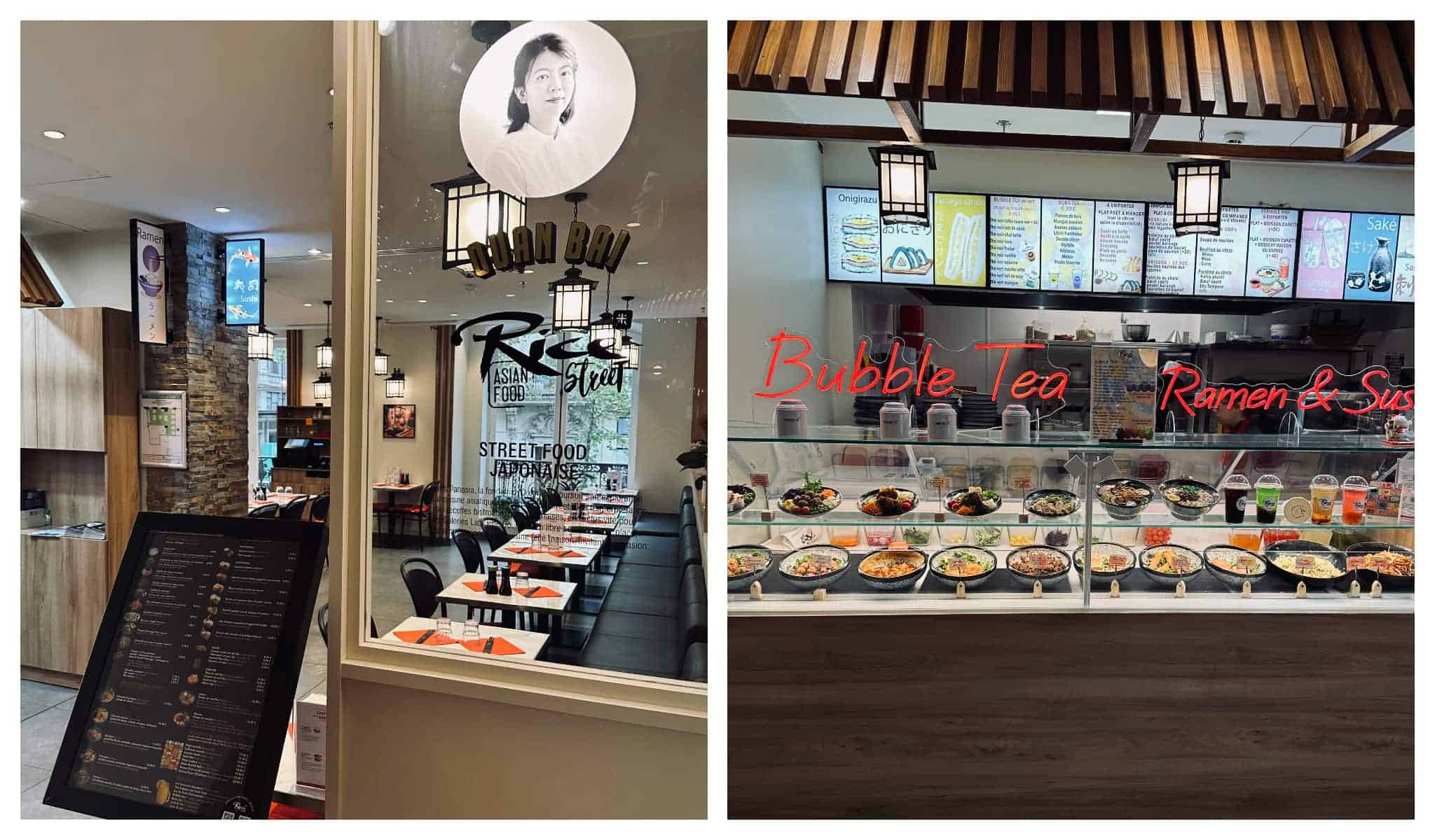 left: the exteriors of Rice Street by Quan Bai at Les Nouvelles Tables du Gourmet by Galeries Lafayette, Right: bubble tea stand at Rice Street by Quan Bai