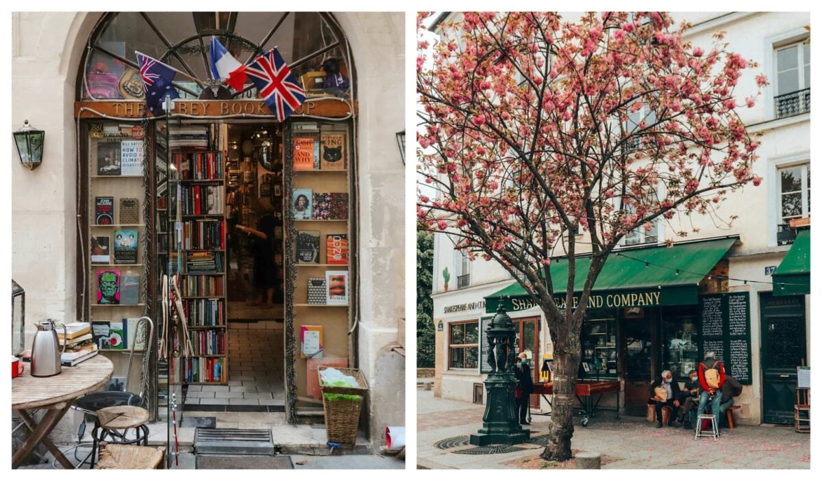 Left: Abbey Bookshop entry door, Right: Shakespeare and Company Paris with a cherryblossom tree