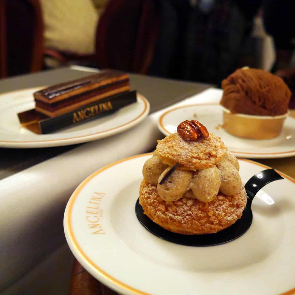 A selection of desserts and hot drinks from Angelina cafe in Paris.