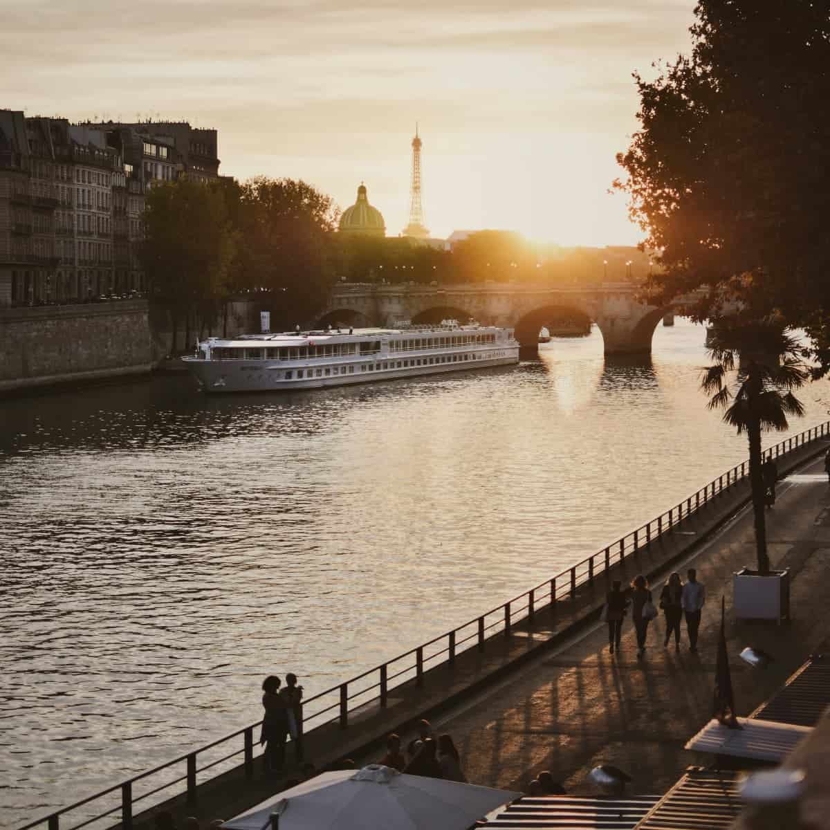 The bank of Seine River with a view of Eiffel Tower