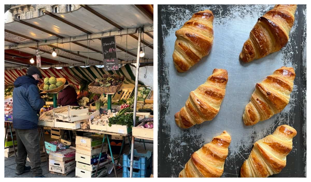 uma barraca em um mercado parisiense ao ar livre e croissants recém-saídos do forno.