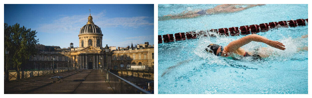 A collage of a grand Parisian building on a sunny day on the left and on the right an Olympic swimmer in action. 