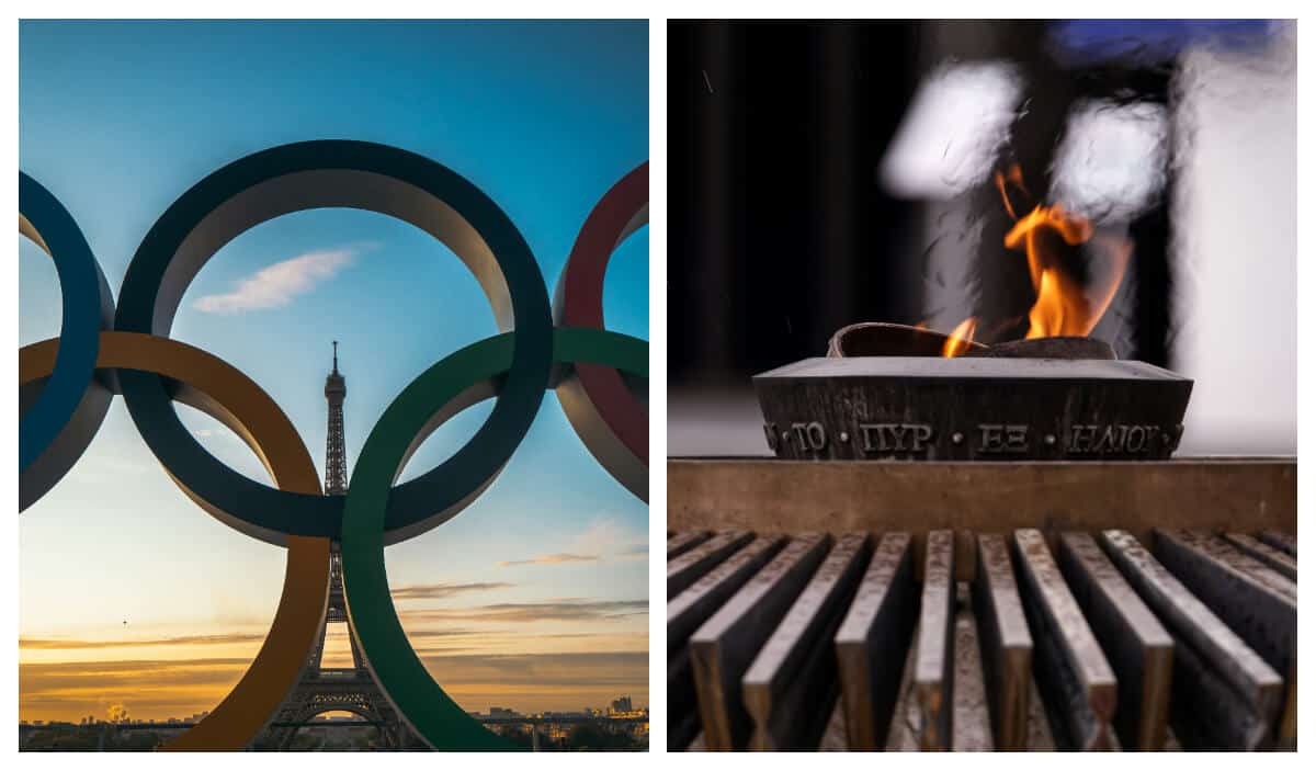 The Eiffel Tower peers through the other side of the Olympic rings and a close up of the Olympic flame.