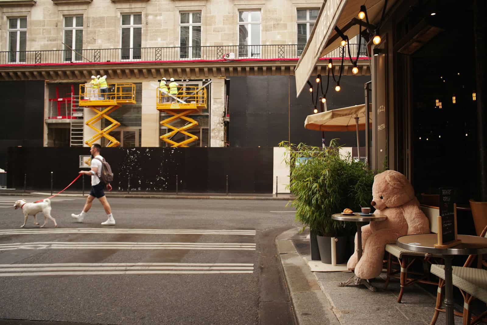 Um homem de camiseta preta e jeans azul andando na faixa de pedestres em Paris com um cachorro durante o dia.