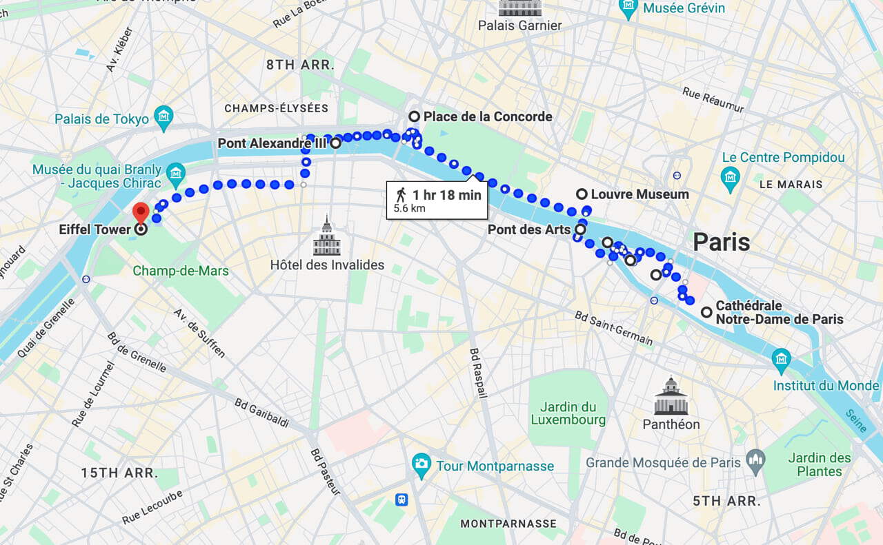 A google map of the essential walking tour along the Seine.