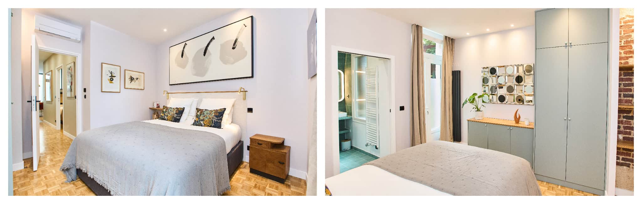 O quarto claro e arejado do apartamento Rue Etex, com roupa de cama branca, janela e vista para o banheiro privativo.