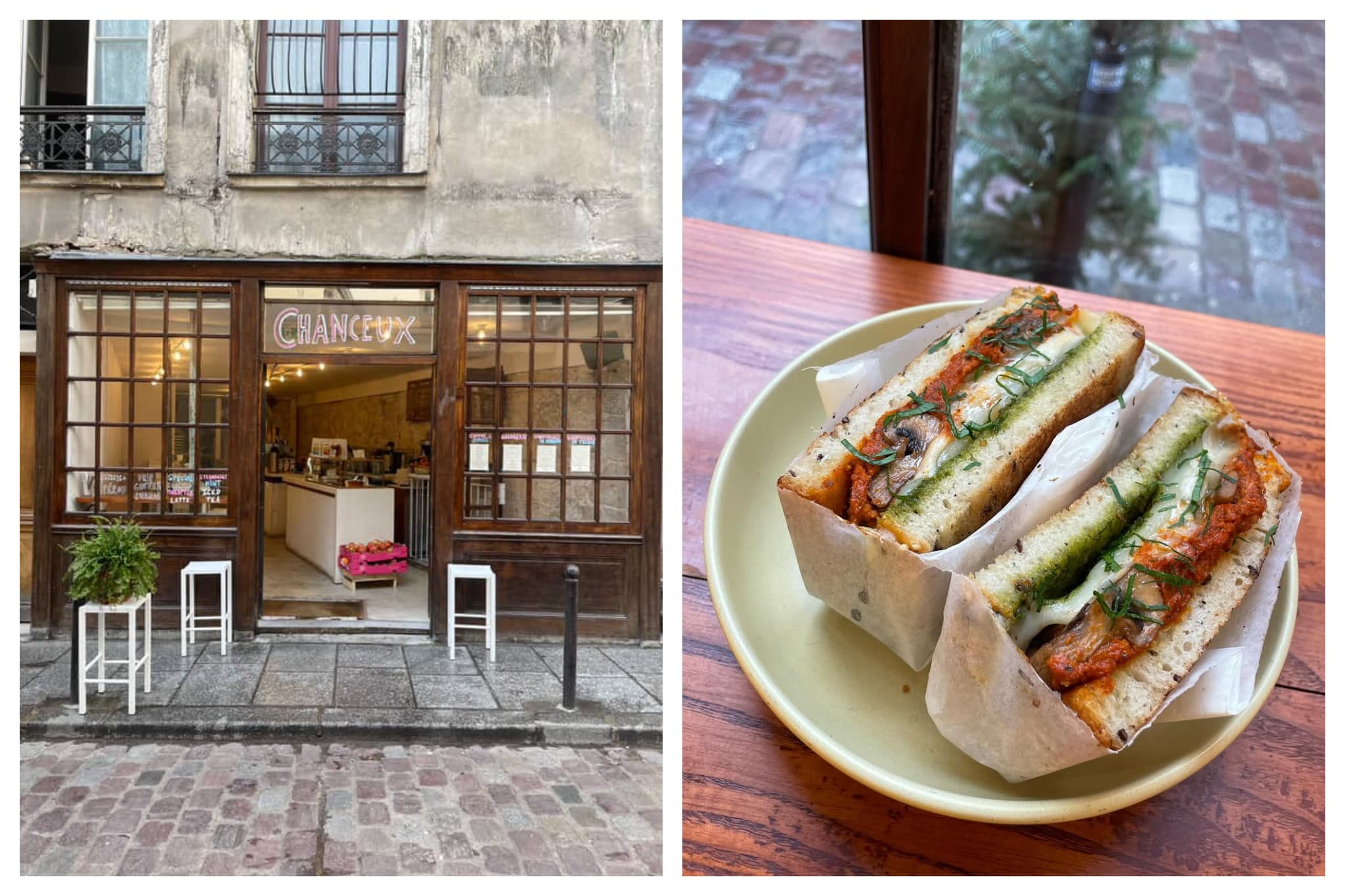 The facade of Chanceaux cafe and one of their sandwiches.