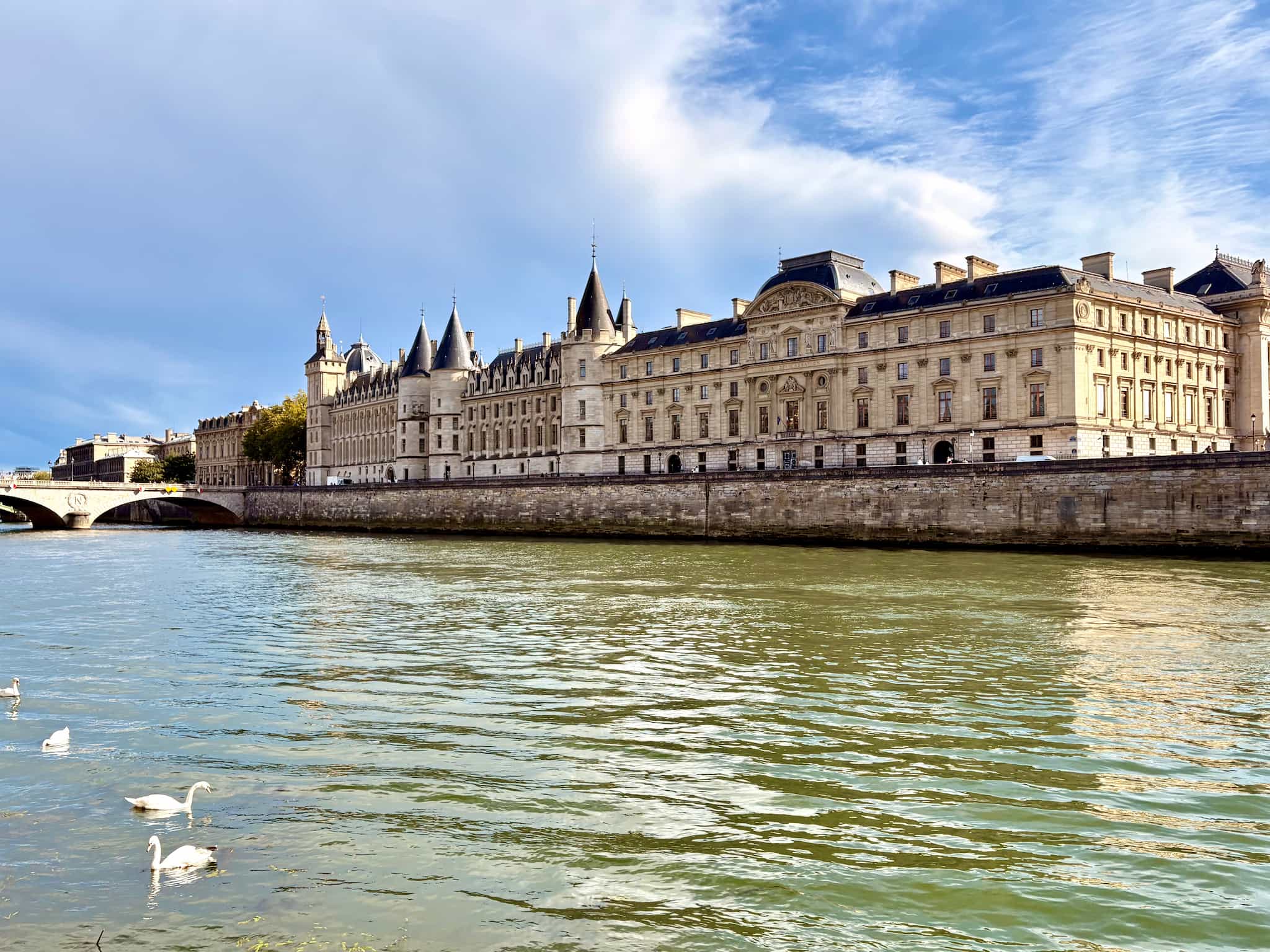 The Cour de Cassation in Paris view from across the Seine, swans swim in the Seine, blue sky.