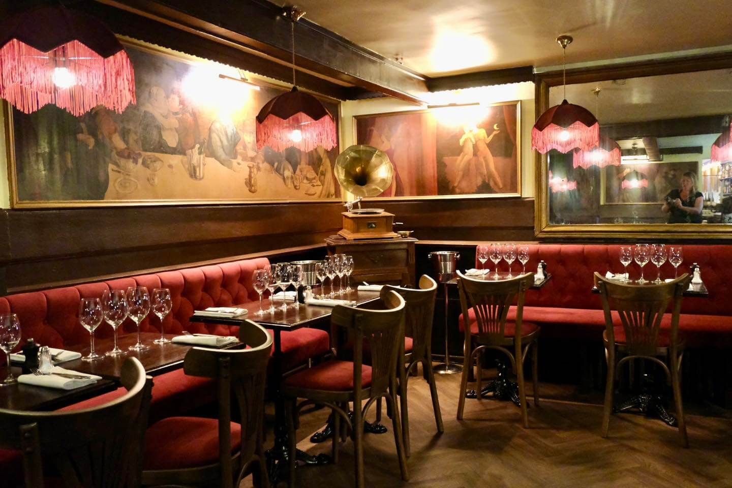 The dark, cozy interior of Le Bon Bock.