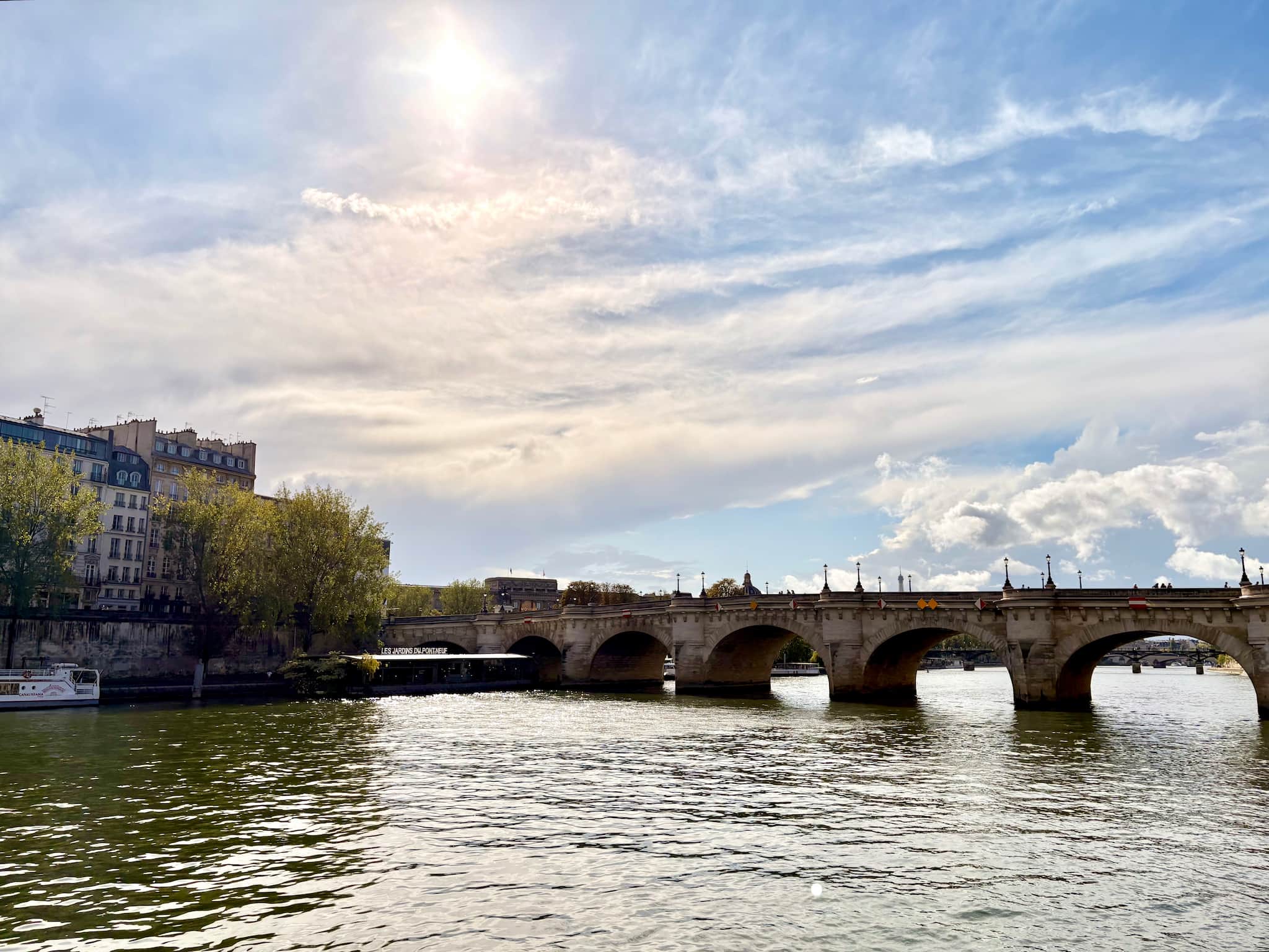 Pont Neuf in Paris as seen from the Seine on a partly cloudy day.