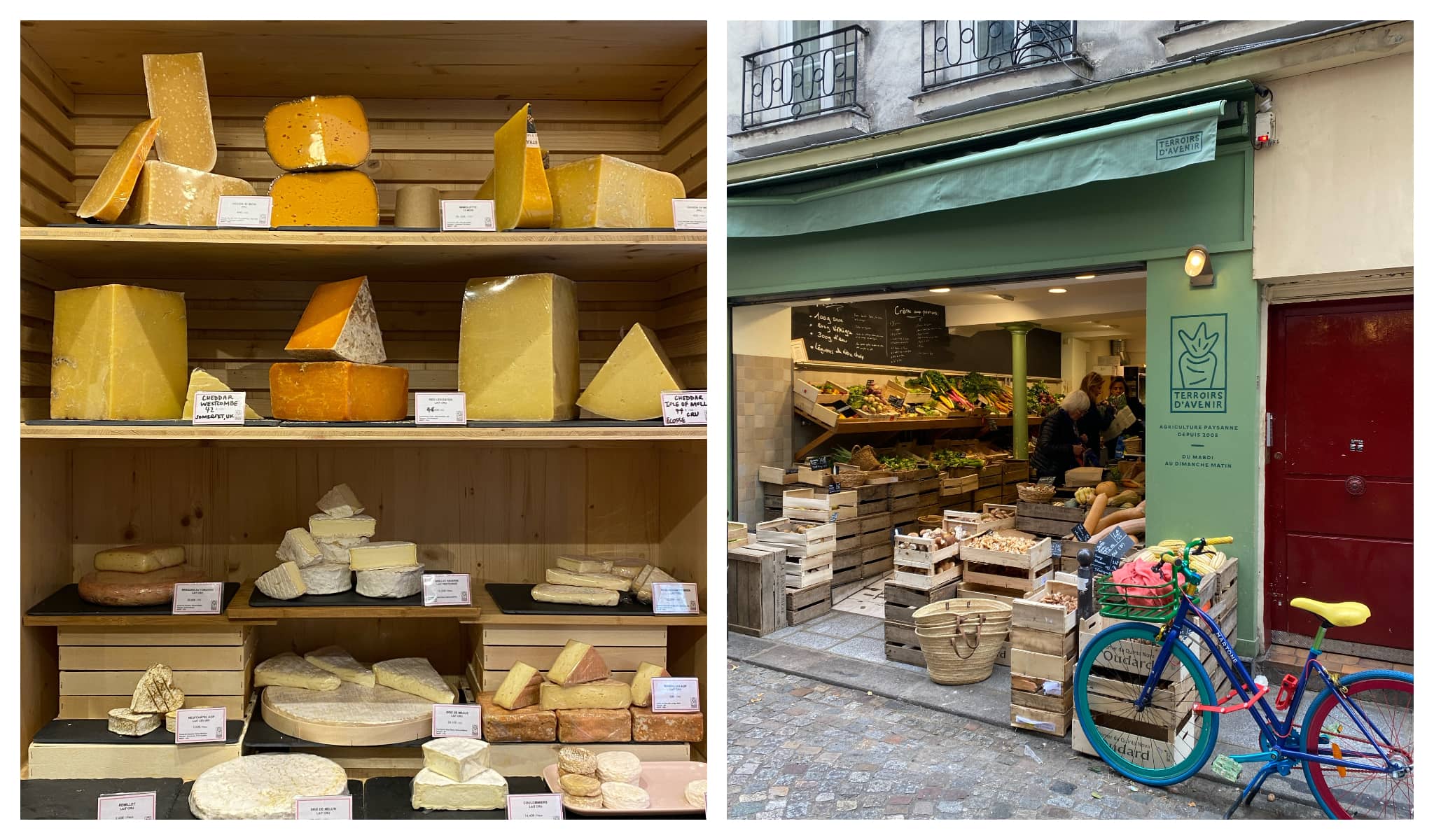 Left - shelves of different cheeses. Right - Parisian epicerie street view, people shopping inside.