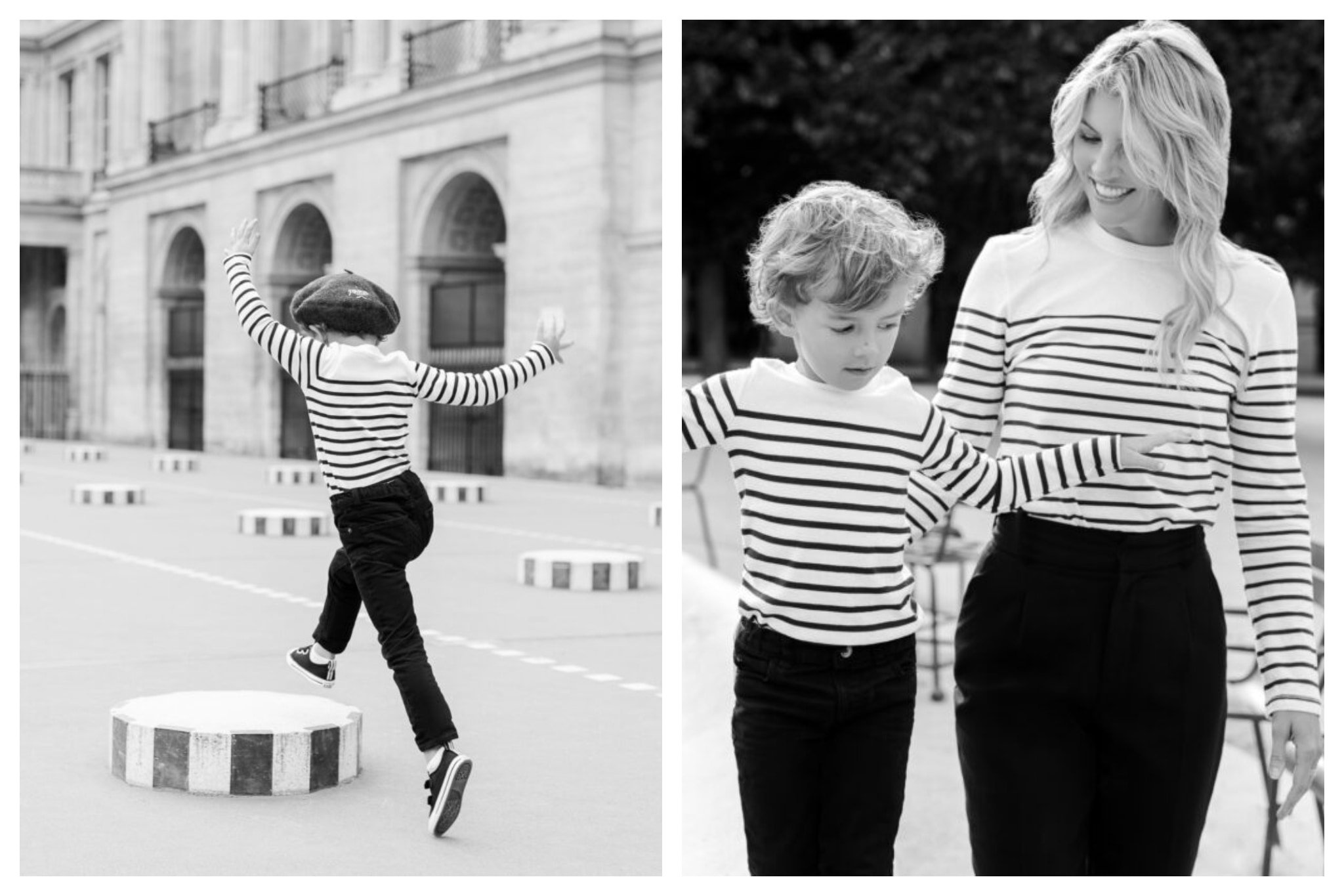 A little boy and his mother at Palais Royal photographed in black and white.