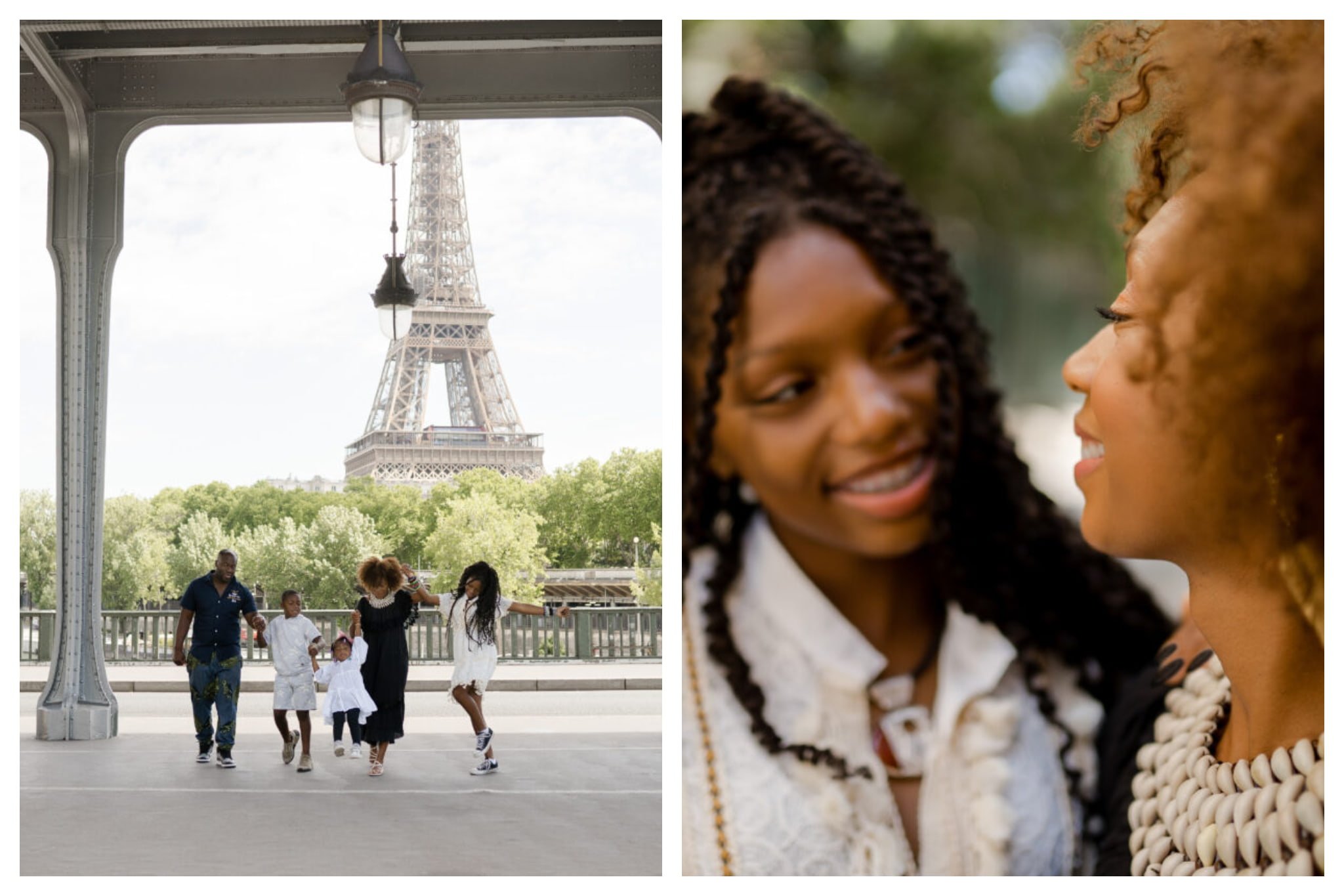 A family of four pictured by the Eiffel Tower and a closer up of the mother and daughter.