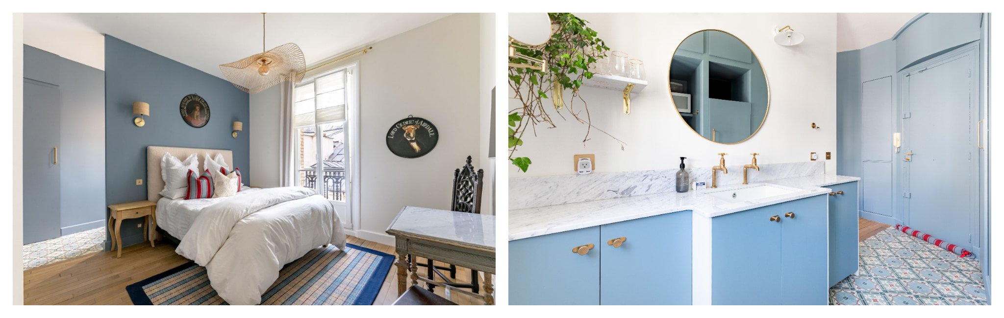 Paris bedroom with a blue wall, Paris bathroom with blue cabinets.