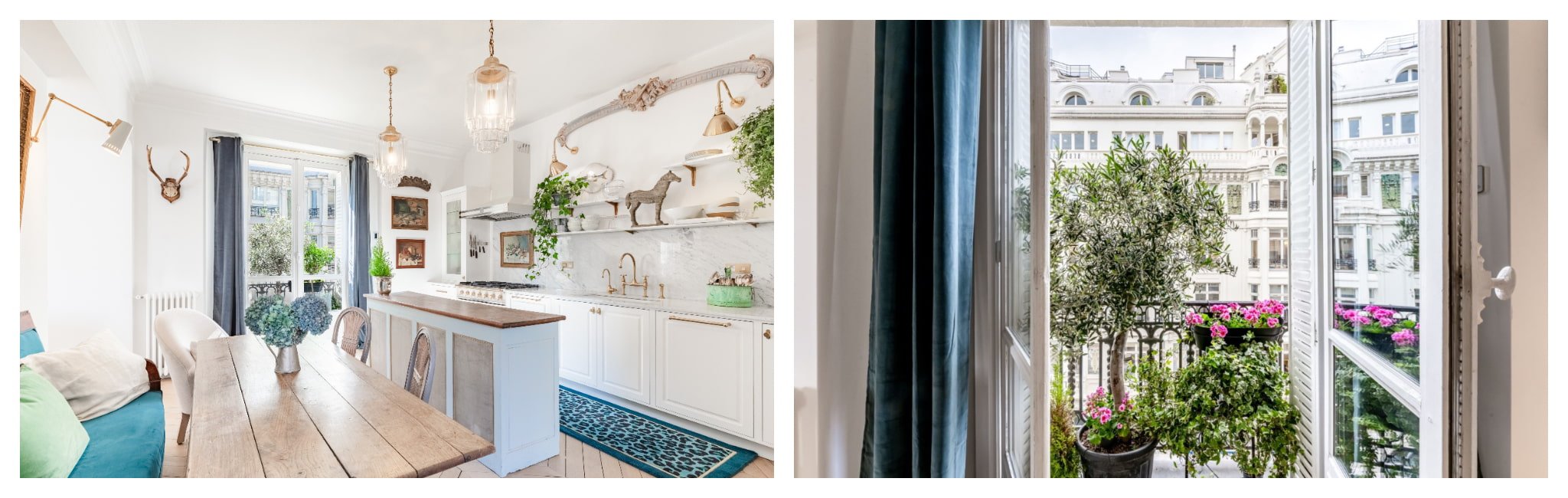 Paris apartment bright kitchen, balcony with plants.