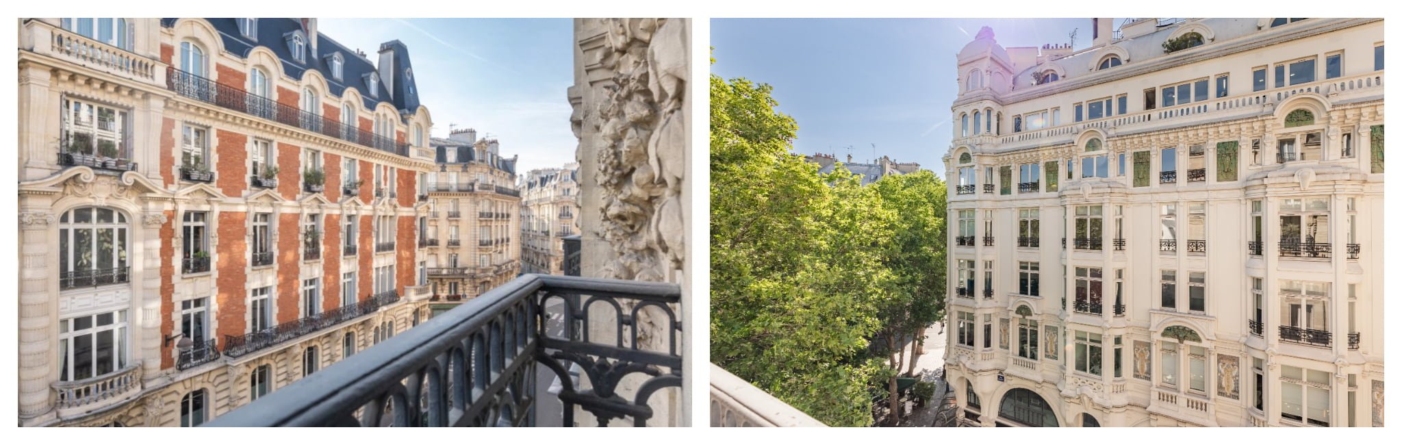 Paris apartment balcony views of red brick building and Haussmann building.
