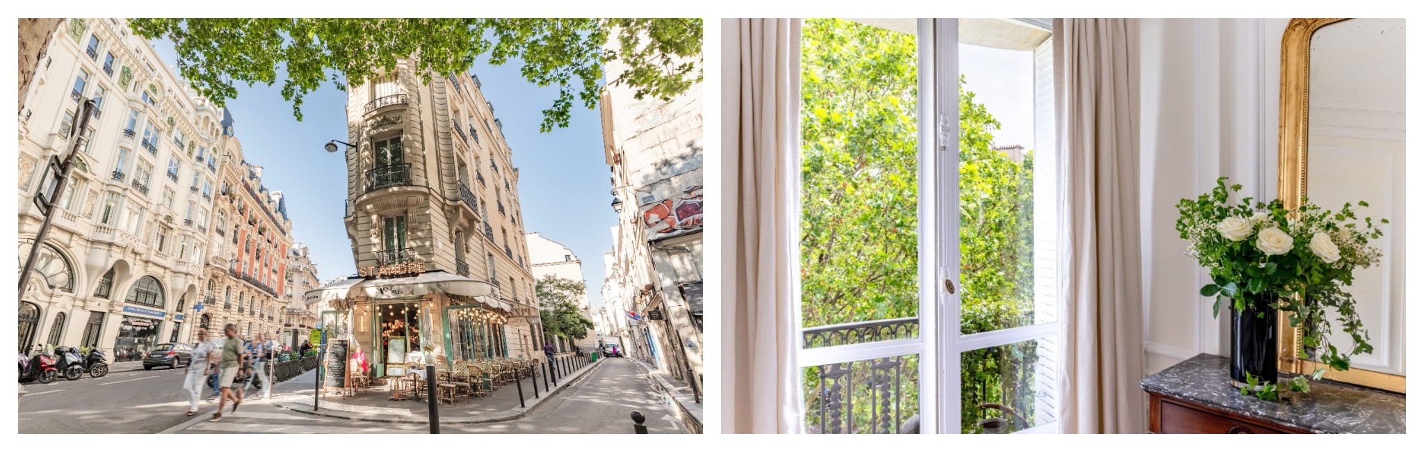 Saint André café Paris 6th arrondissement left, apartment window and gold mirror right.