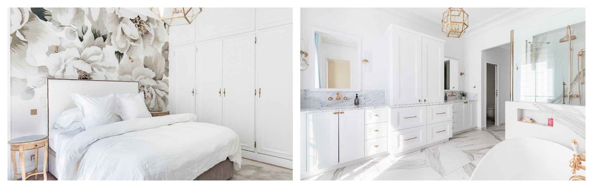 Paris apartment bedroom white bed flower wallpaper, large bathroom.