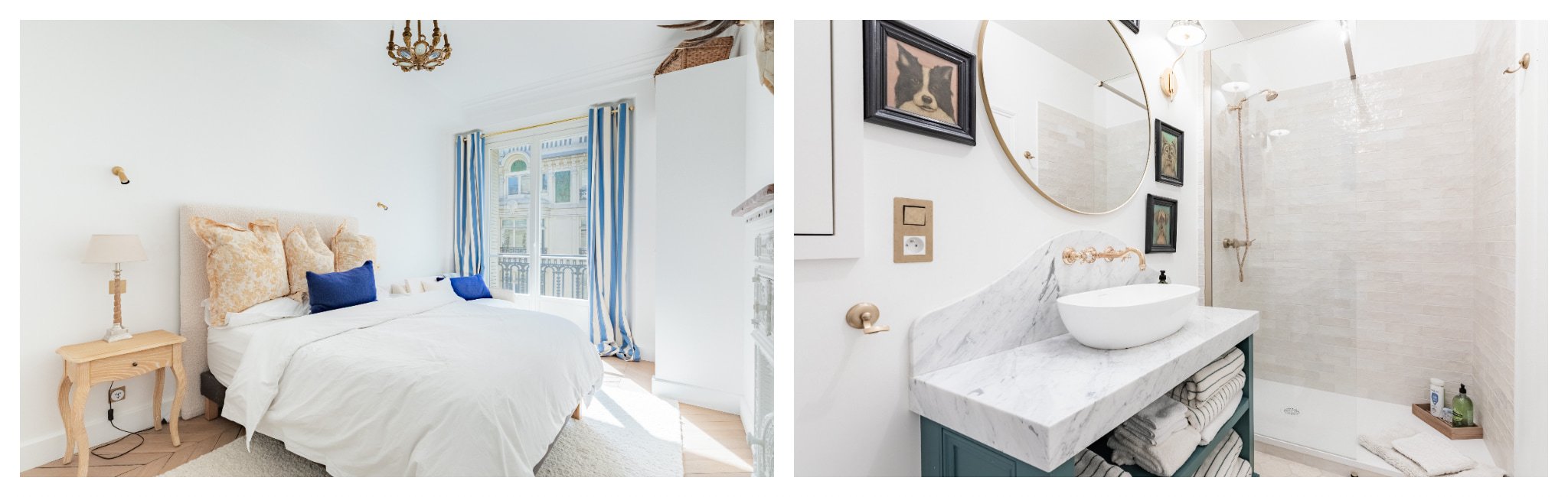 Bedroom Paris views blue accents, bathroom marble countertop.