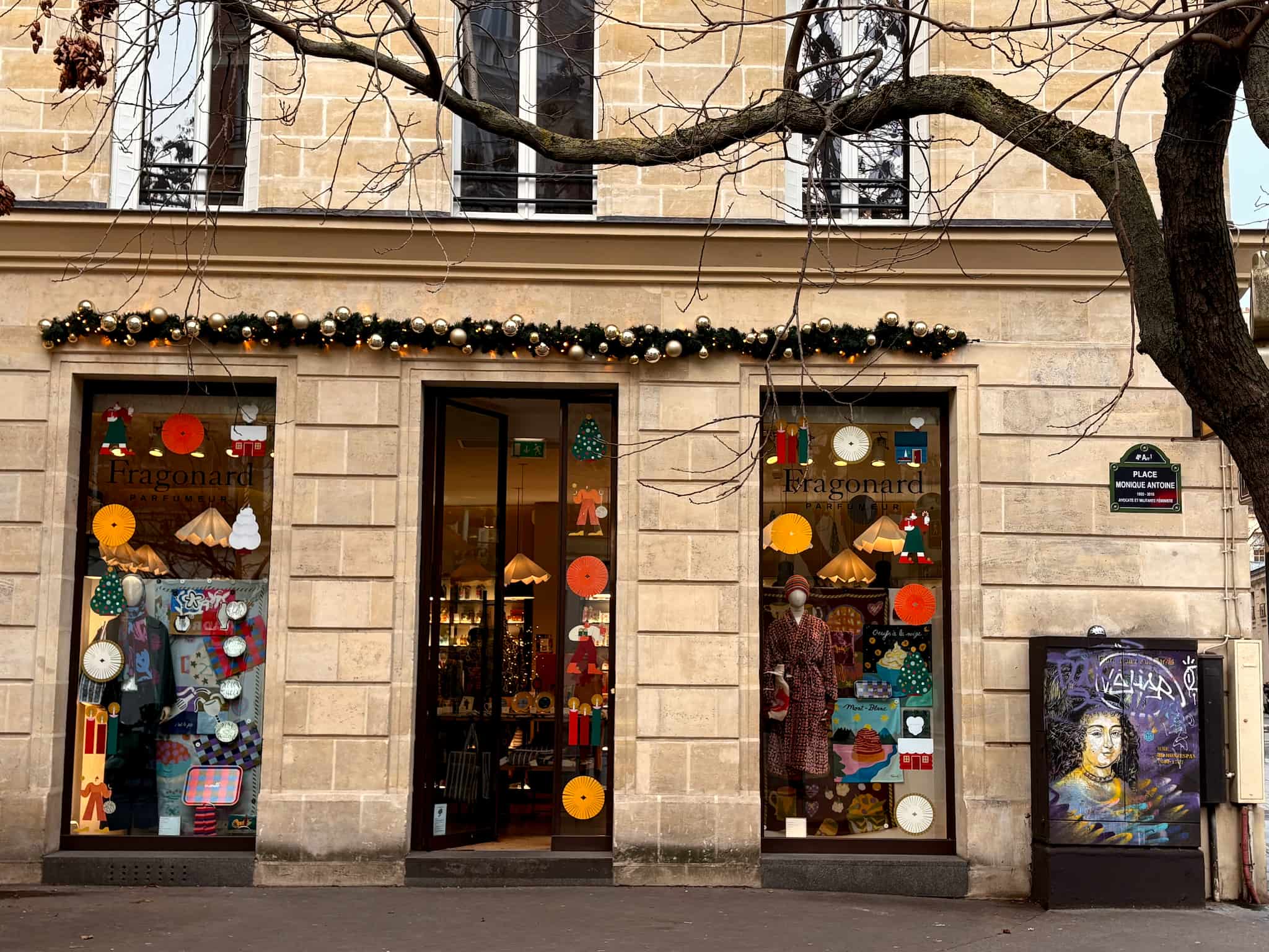 Exterior of the Fragonard store in the Marais in Paris decorated for Christmas.