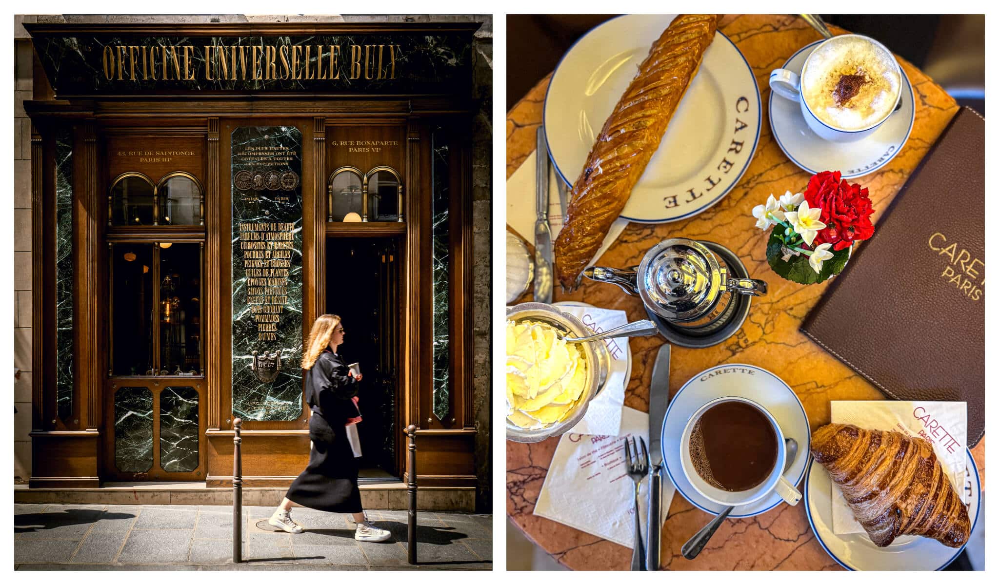 The historic exterior of Officine Buly and a spread from Carrette in the Marais.