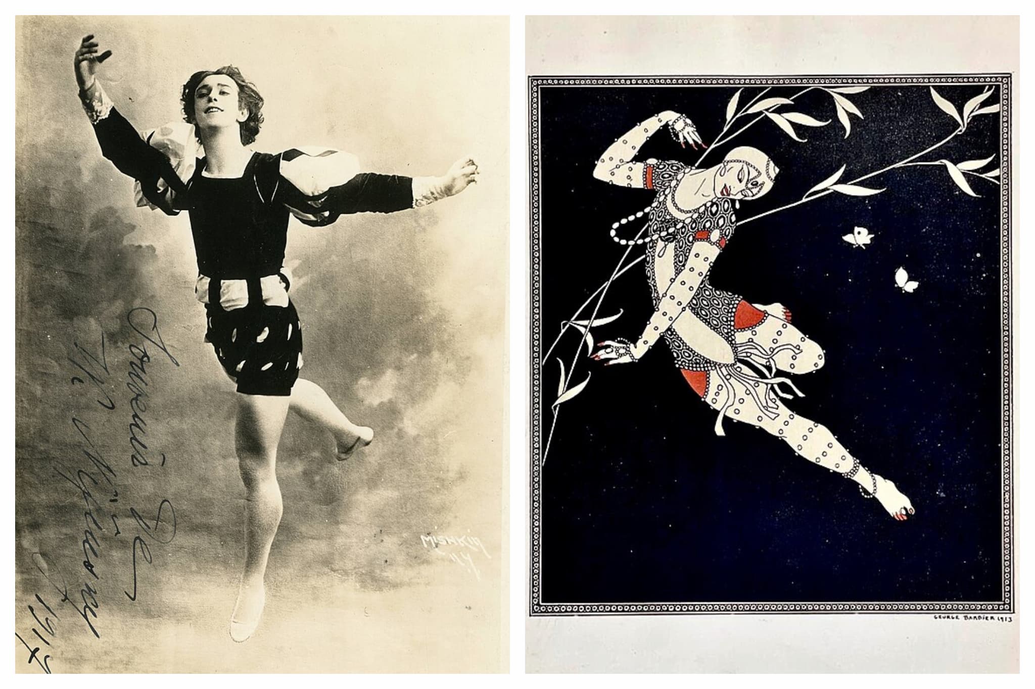 Photograph of ballet dancer Waslav Nijinsky (left), drawing of the same ballet dancer (right)