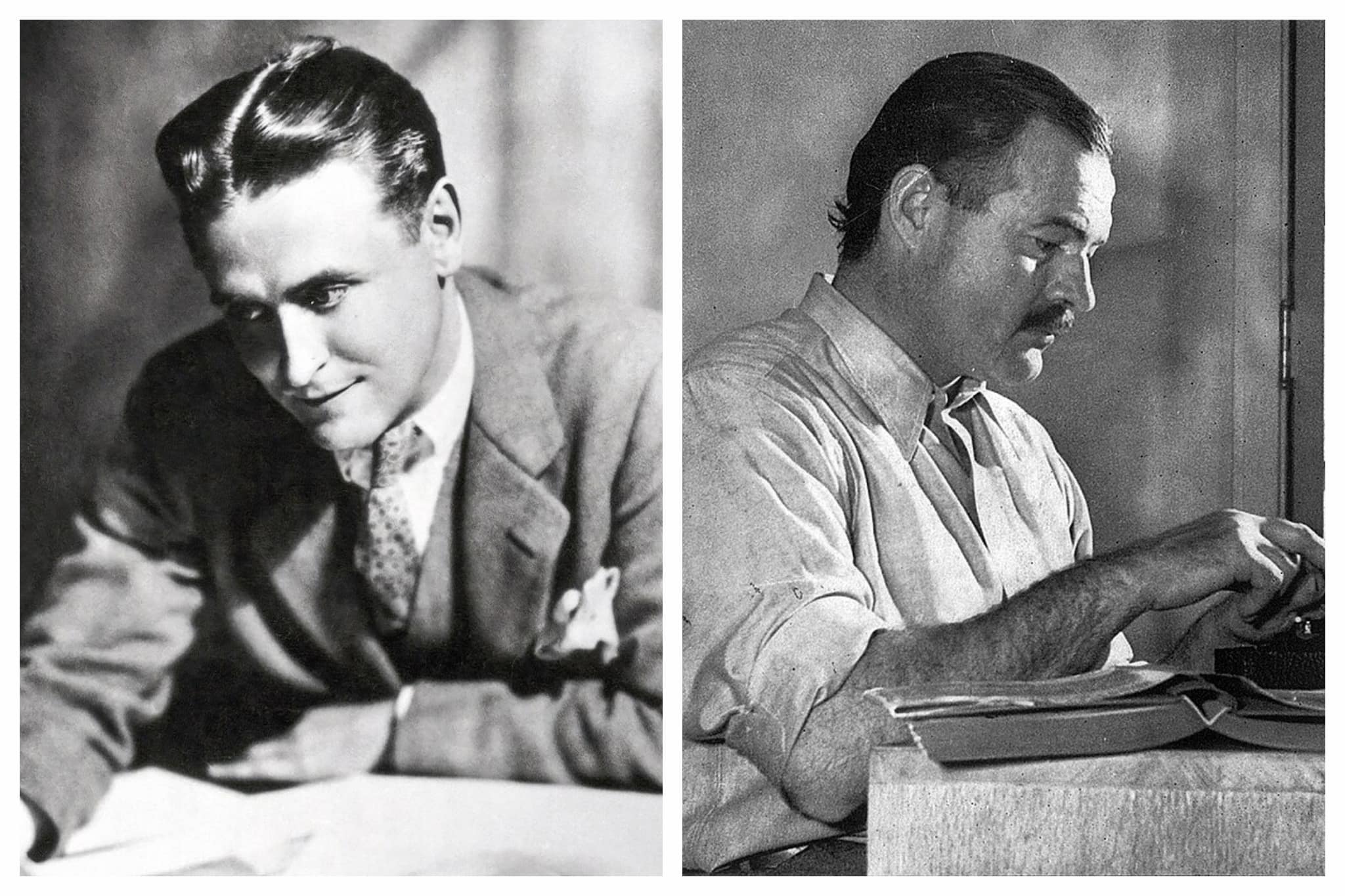 Black and white portrait photographs of F. Scott Fitzgerald (left) and Ernest Hemingway (right)