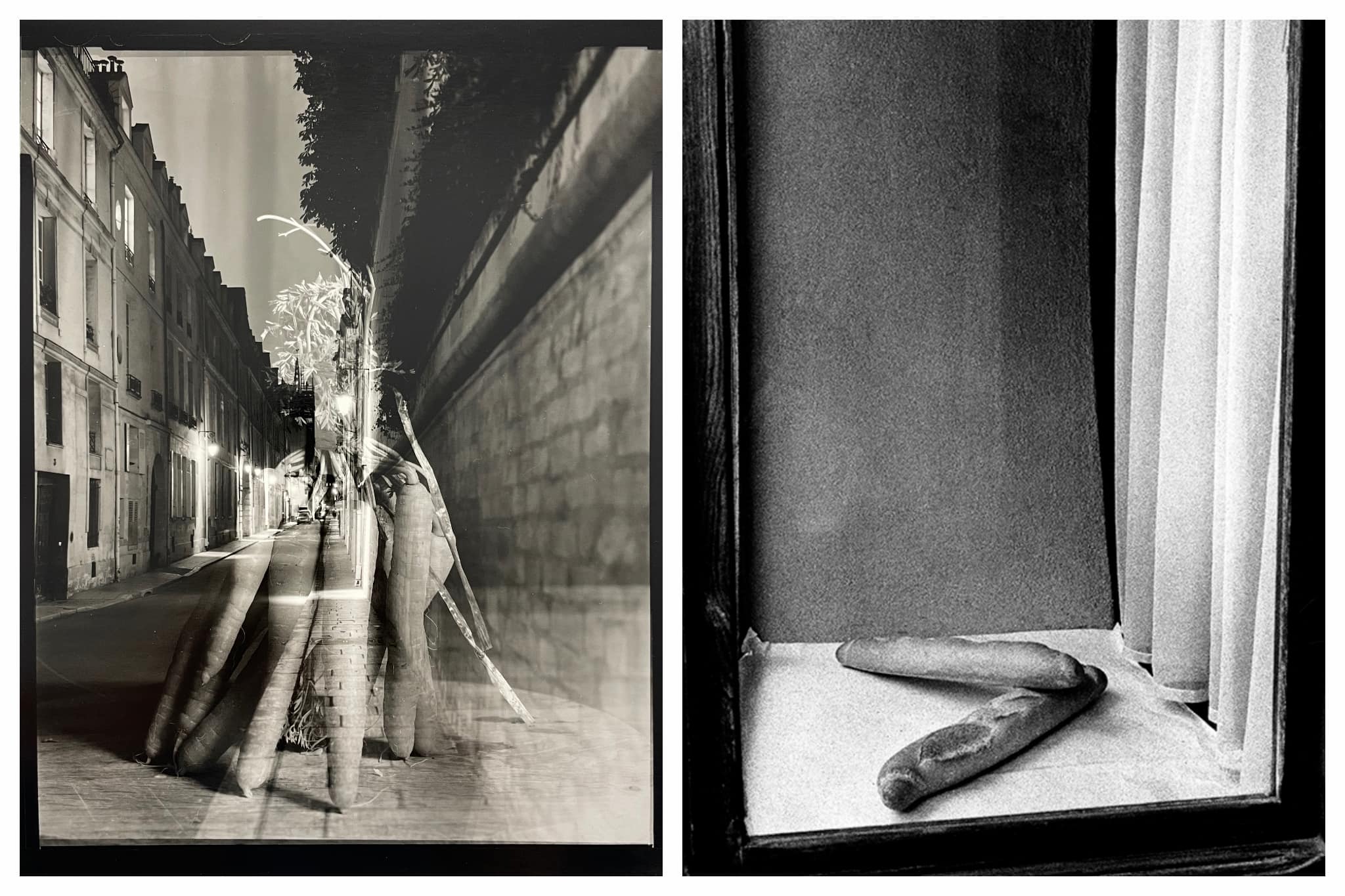 black and white street in Paris with image of carrots superimposed (left), two baguettes in a window sill
