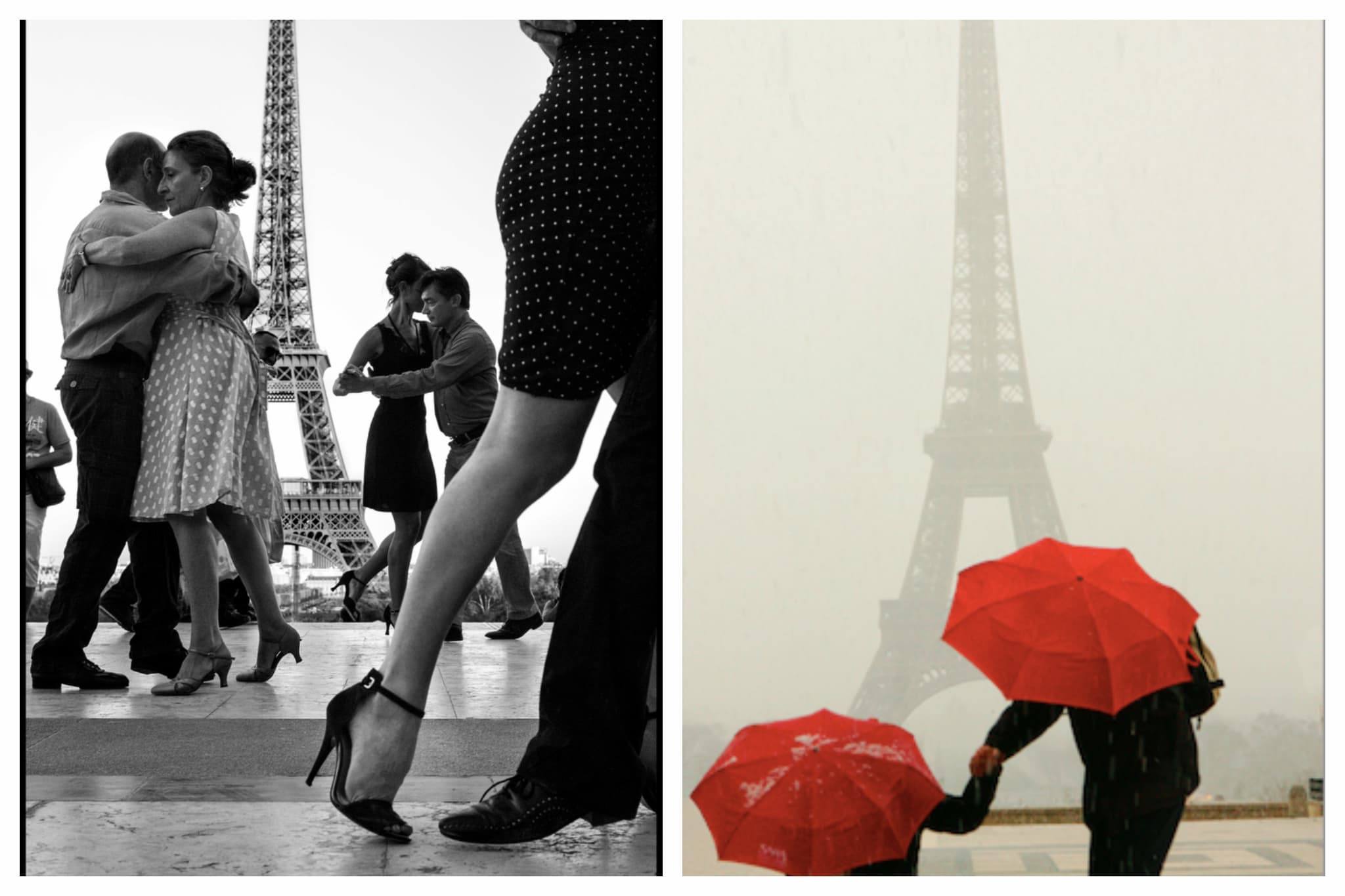 Couples dance at the Trocadero (right), two people with red umbrellas hold hands.