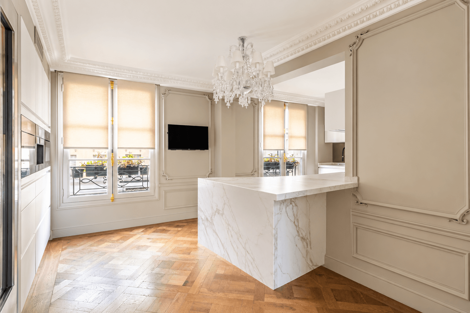 Paris apartment kitchen marble countertops parquet floors